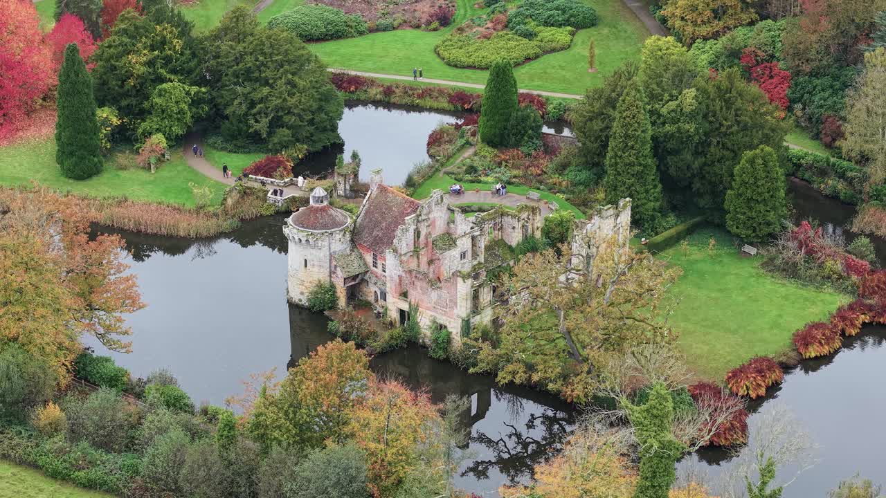 Picturesque ruins of medieval Scotney Old Castle, Kent, United Kingdom, aerial view