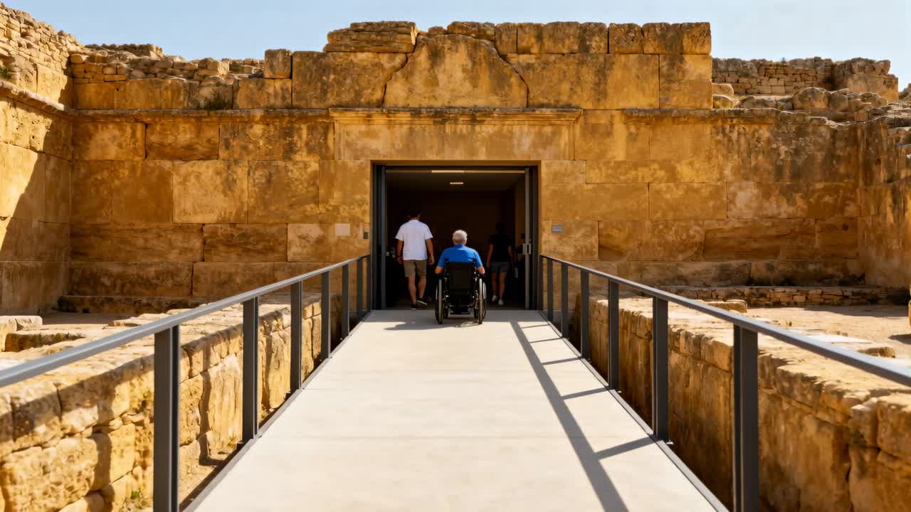 Uomo anziano in sedia a rotelle, spinto da un accompagnatore su una rampa di accesso verso un ingresso in pietra di rovine.