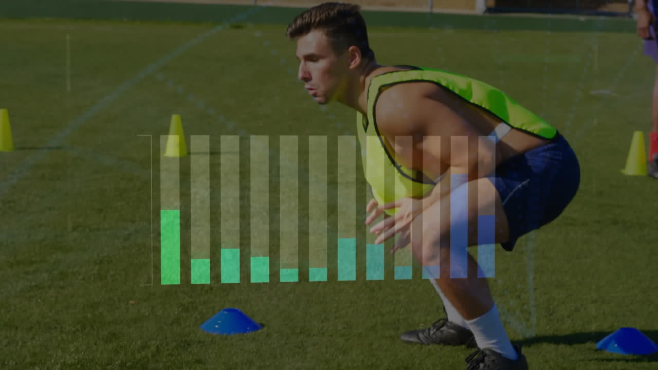 animación del procesamiento de datos sobre un jugador de fútbol caucásico en el campo