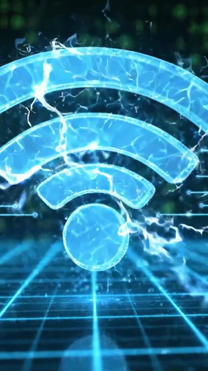 Dynamisk visualisering af digital konnektivitet: Overgangen fra en lys energisfære til et levende trådløst symbol mod en virtuel gitterbaggrund