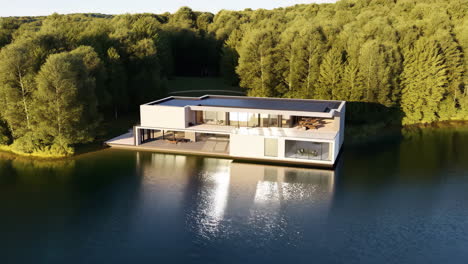 modern floating house on a lake surrounded by forest