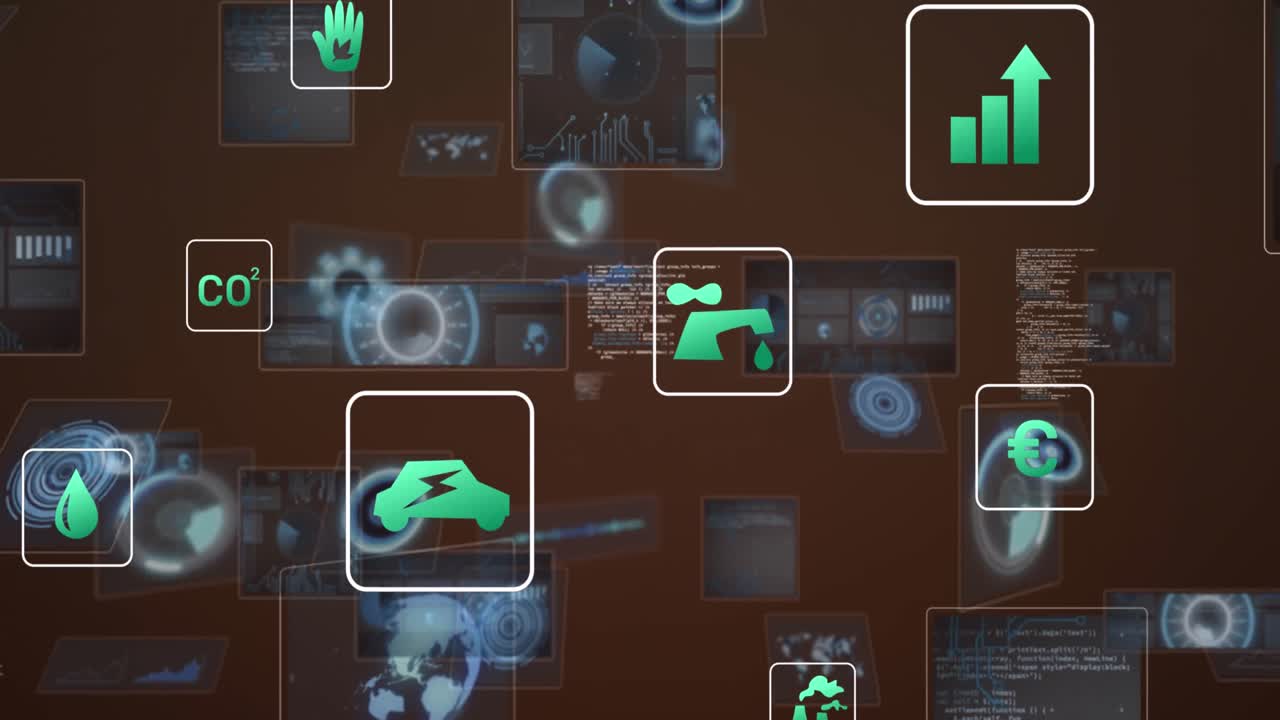 animación de iconos ecológicos y procesamiento de datos