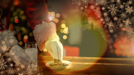 papá noel comiendo galletas y leche en la casa de navidad y el calor brillante