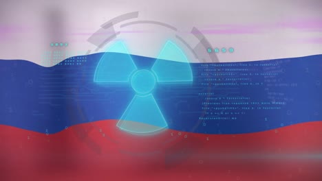 animación de procesamiento de datos y símbolo nuclear sobre la bandera de rusia