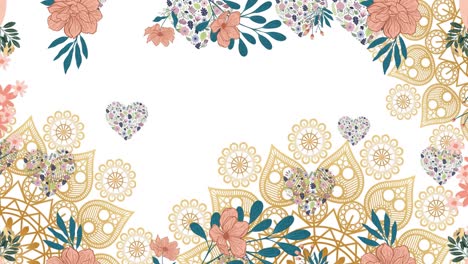 animation of hearts over floral pattern on white background