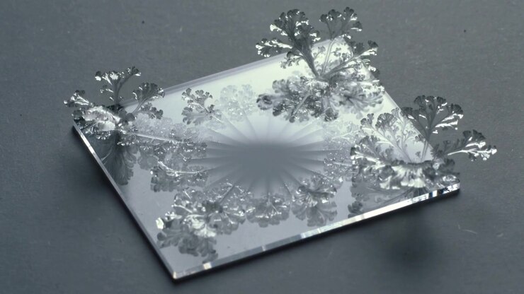 Frame sequence showing crystals growing on mirrored plate in lab, etched radial casting glints