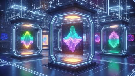 an immersive digital art gallery showcasing vibrant sound waves and multimedia displays in futuristic frameworks with advanced visual aesthetics