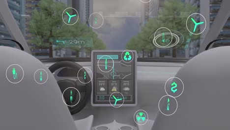 animation of data processing and ecology icons over car and city