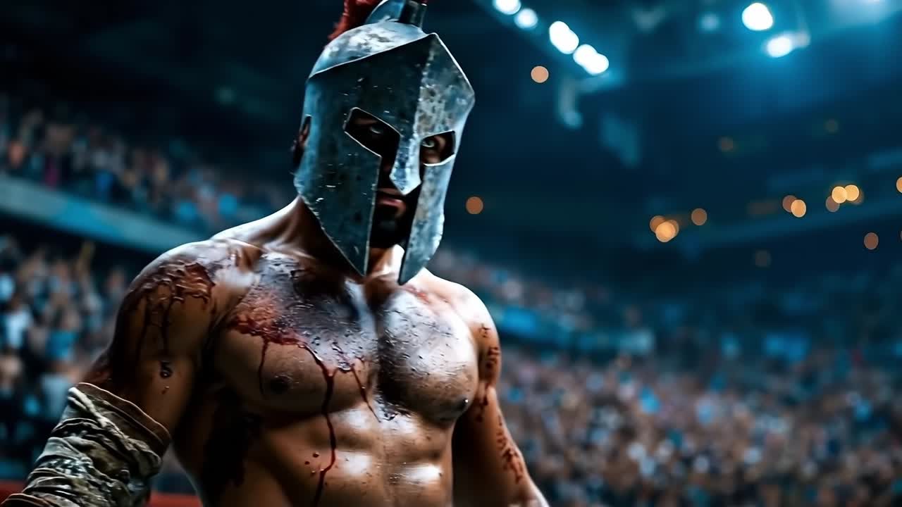 스파르타의 헬을 입은 남자가 군중 앞에 서 있다