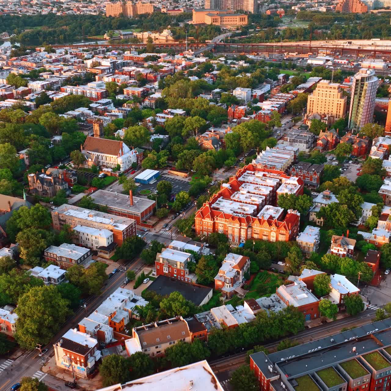 Cozy green area in the urban landscape of Philadelphia. Sunny scenery from aerial perspective
