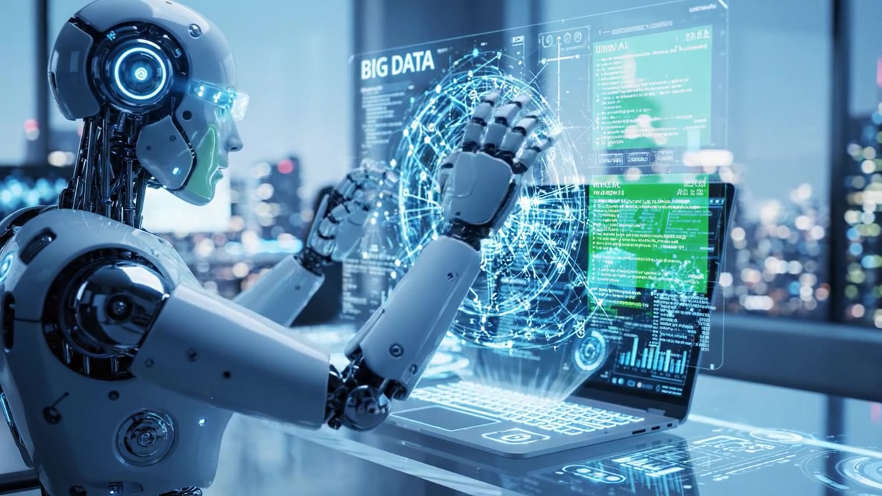 A futuristic robotic figure engages with advanced technology in a high-rise office, analyzing big data and visualizing complex information in a digital environment.