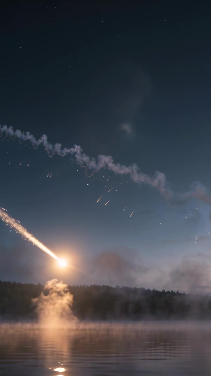 Vertikal video: Træder ind i atmosfæren, meteor suser forbi, blusser op over tåget sø og efterlader et røgspor
