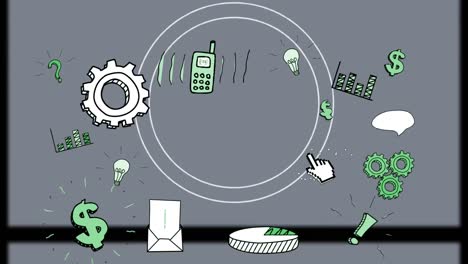 animación de iconos digitales sobre círculos sobre fondo gris