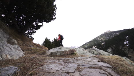 woman female solo traveller trekking on high altitude mountains trail, exploring new route in the wilderness natural forest