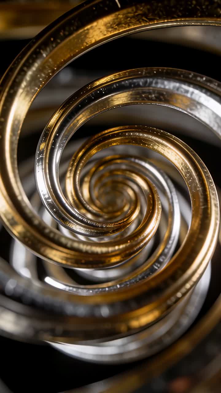 Video verticale: Telecamera che si avvicina mostrando una spirale d'oro e d'argento che gira sotto una luce calda per rivelare i segni