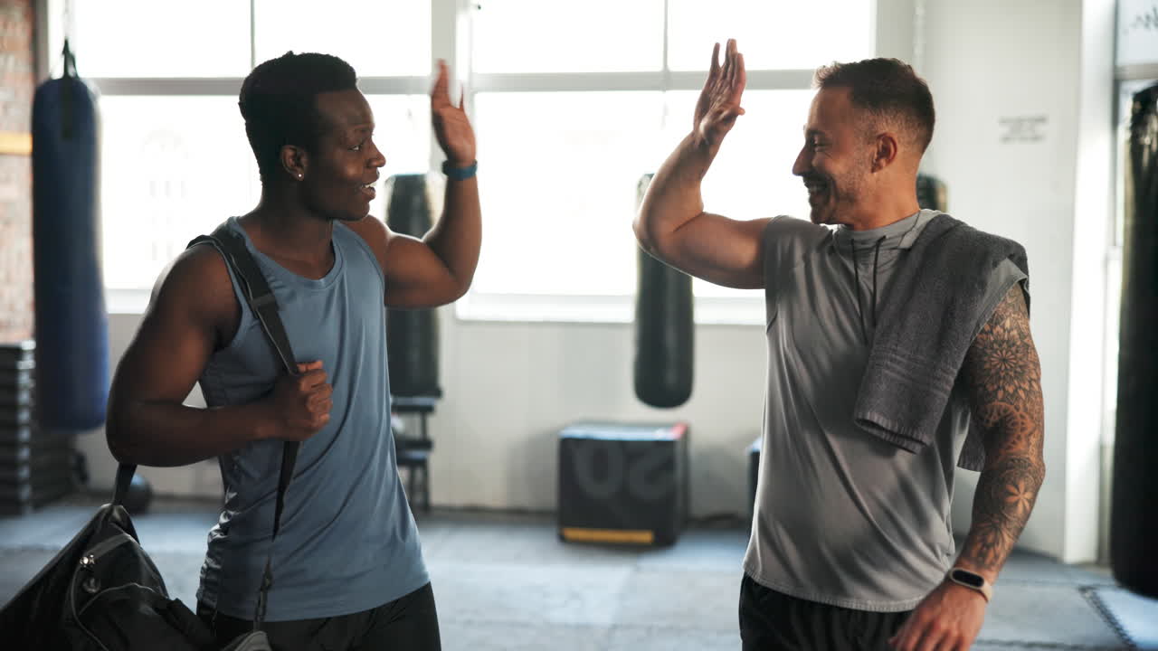 High five, people and gym to celebrate fitness