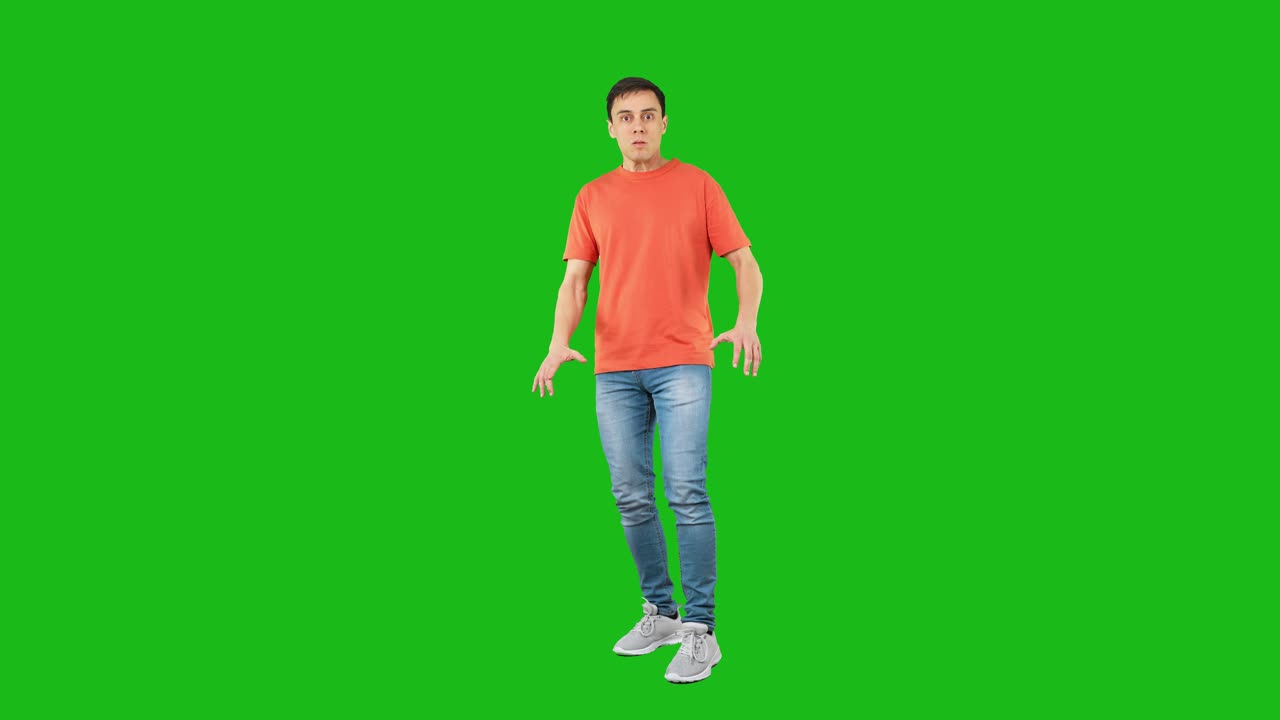 A man looking surprised or confused on a green screen