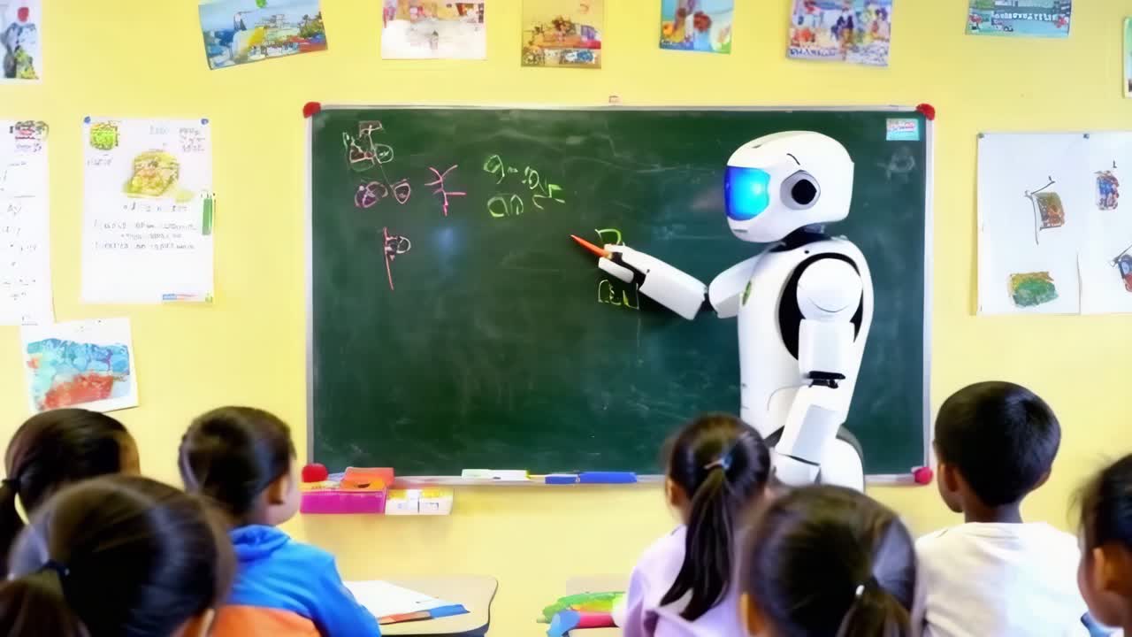 クラスの学生のグループの前に立っているAIロボット教師