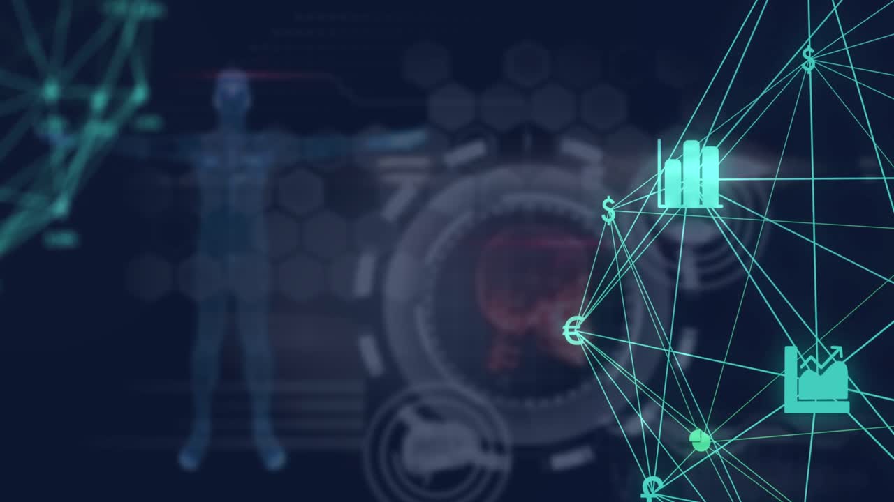 animación de un globo de iconos digitales a través de una interfaz digital con procesamiento de datos médicos