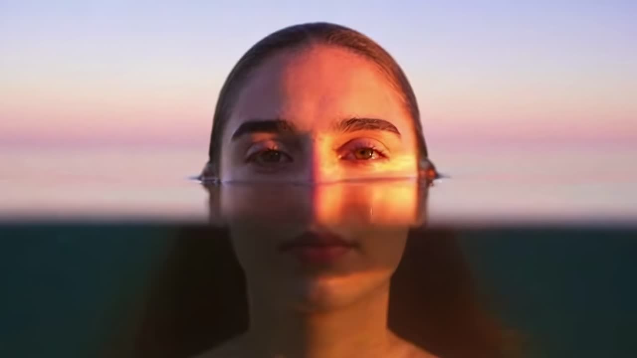 Artistic video concept with a close-up, eye-level angle of a woman's face partially submerged