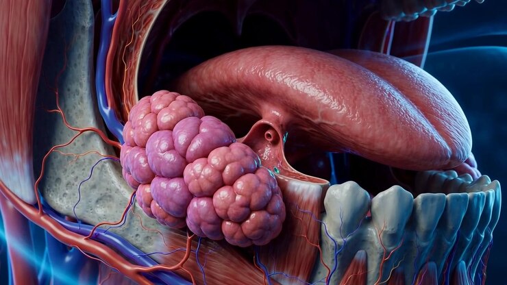 Medical animation showing lobulated gland beneath tongue dominant, translucent blue skull, slowly rotating with glowing vascular detail