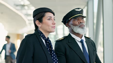 Travel,-pilot-and-air-hostess-in-discussion