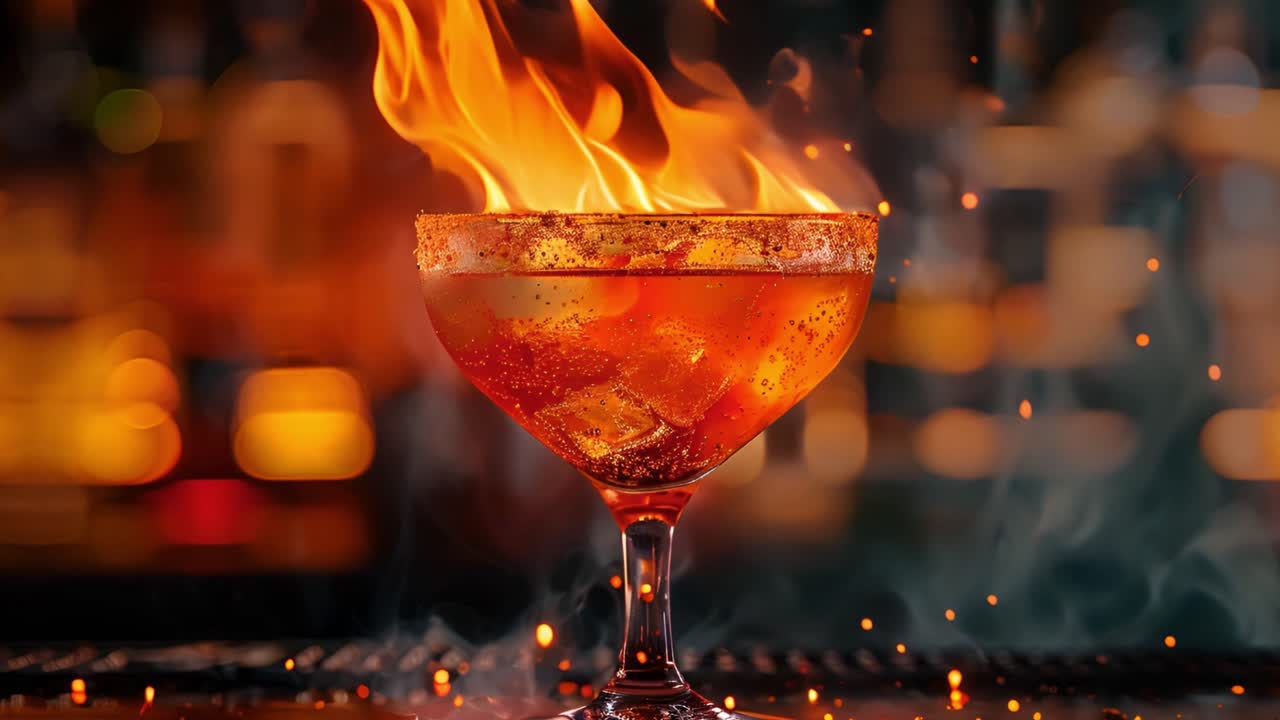 Flaming Cocktail at a Bar with Sparkling Effect