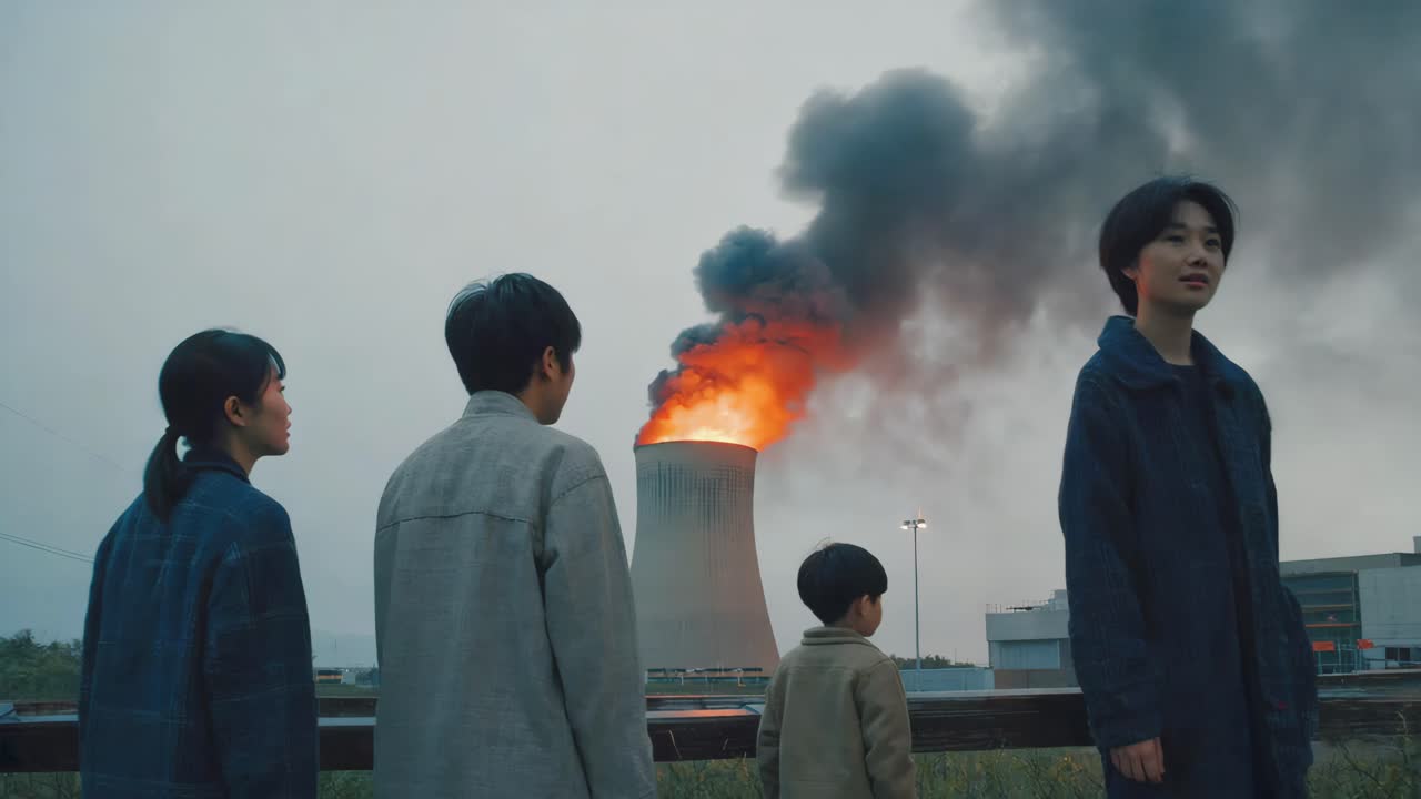 People watching a burning nuclear power plant
