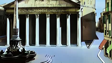 Present-and-past-of-famous-Pantheon-Roman-Temple-of-Rome-in-Italy,-cartoon-animation