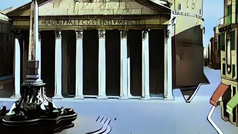 present and past of famous pantheon roman temple of rome in italy, cartoon animation