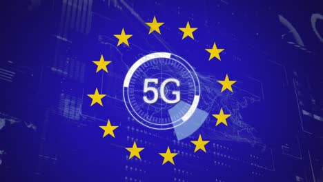 animation of 5g text, financial data processing over flag of european union