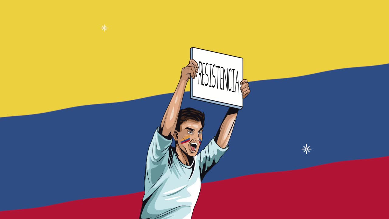 항의 표지판을 들고 있는 콜롬비아 청년