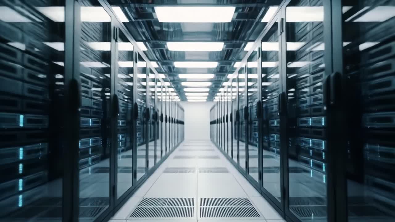 A Modern Data Center Showcase: Sleek Aisle Between High-Tech Server Racks With Illuminated Panels and Reflective Surfaces, Displaying Cutting-Edge Storage Technology