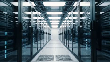 a modern data center showcase: sleek aisle between high-tech server racks with illuminated panels and reflective surfaces, displaying cutting-edge storage technology