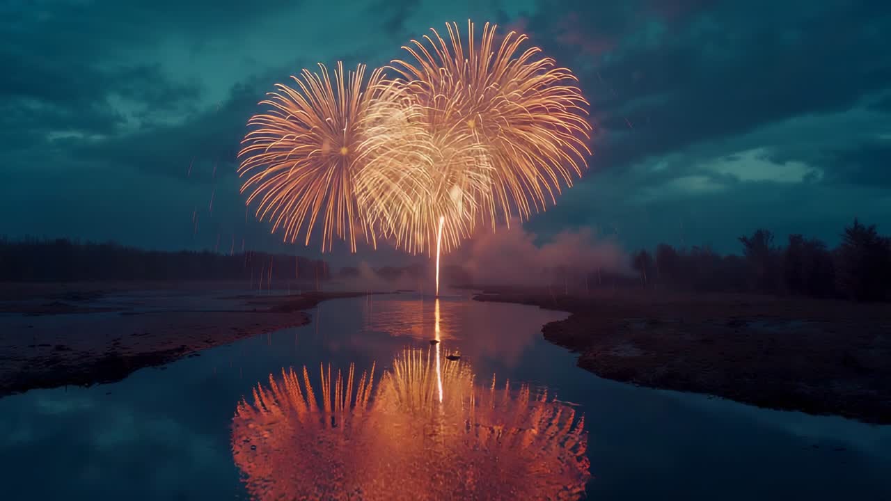 Launching firework shells creating cascading orange starbursts over riverside dusk, reflecting glow