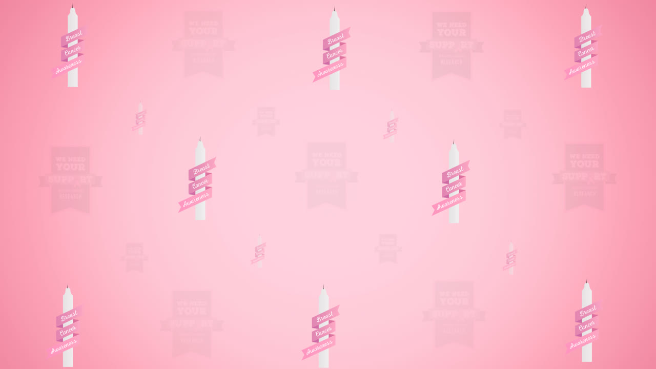 animación de logotipo de cinta rosa múltiple y texto de cáncer de mama que brilla sobre fondo rosa