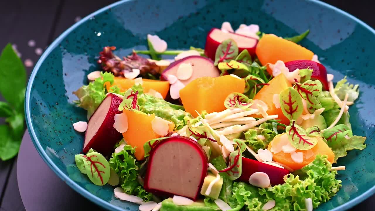 健康的な食事のために、野菜やフルーツが入ったカラフルなサラダを青いボウルに盛り付けました。新鮮な野菜やフルーツが青いボウルに混ぜられています。