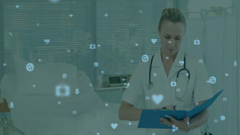 reviewing patient chart, medical professional in hospital room with social media icons animation