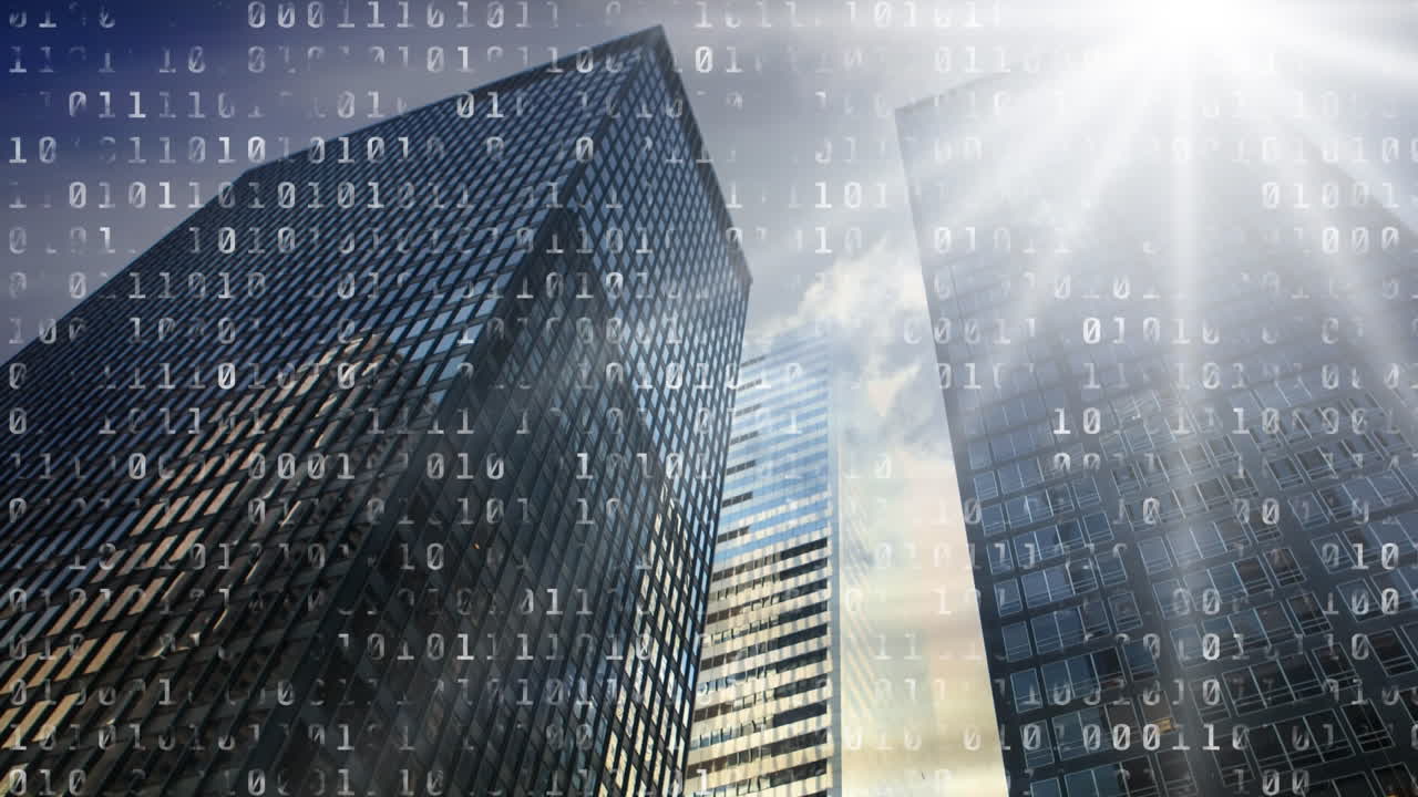 Binary code animation over skyscrapers and bright sunlight