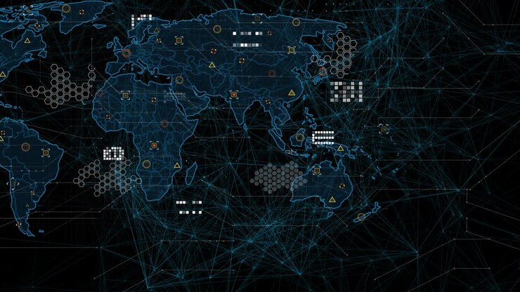 Animation of world map over network of connections on black background