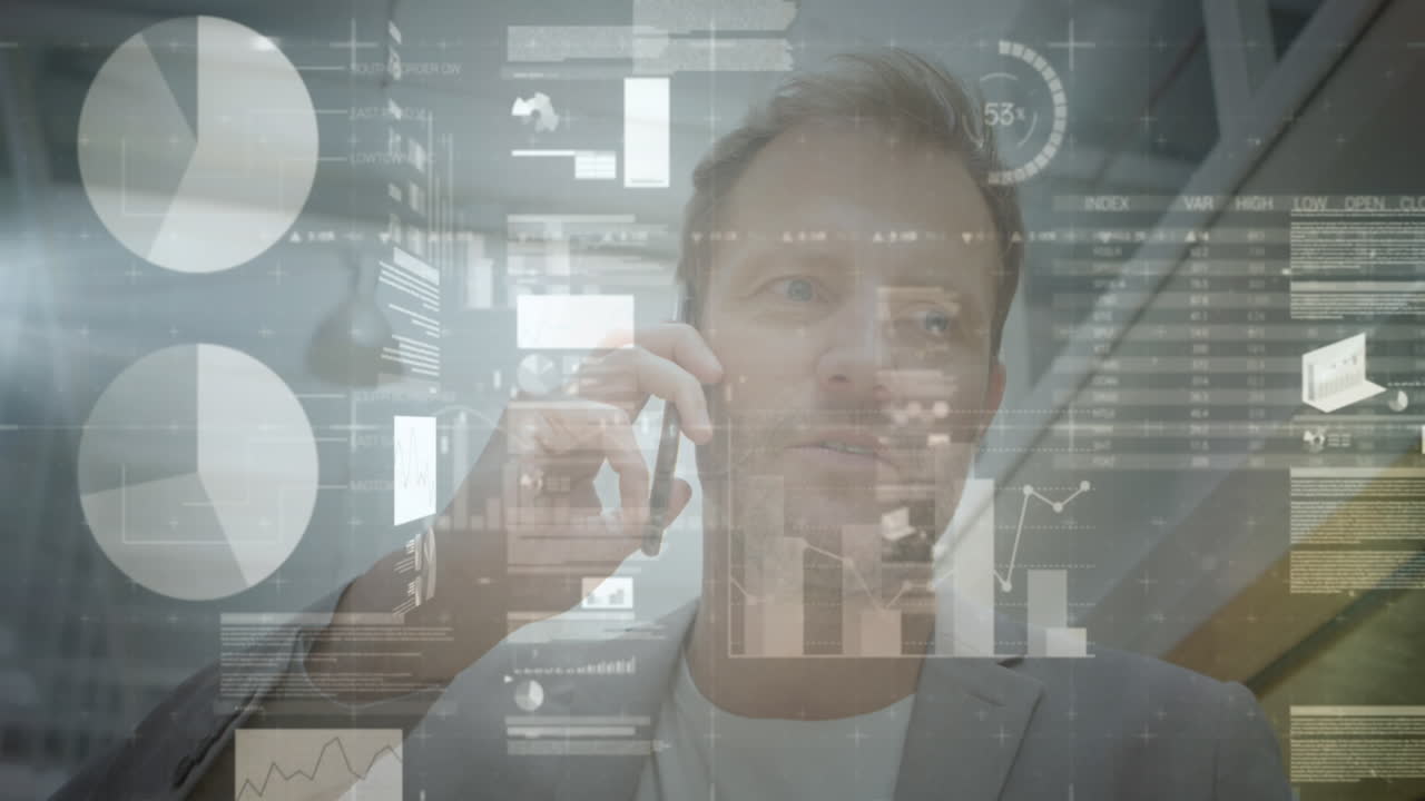 animación del procesamiento de datos financieros sobre el hombre utilizando un teléfono inteligente