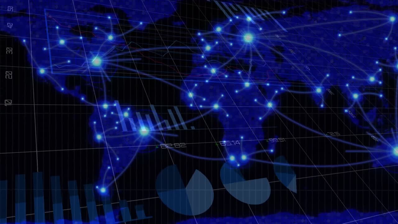 Animation of diverse data over world map with network of connections on black background