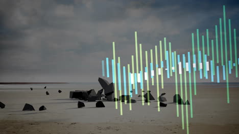 colorful vertical bars animation over rocky beach landscape under cloudy sky