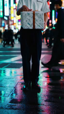 delivery person in japanese city at night