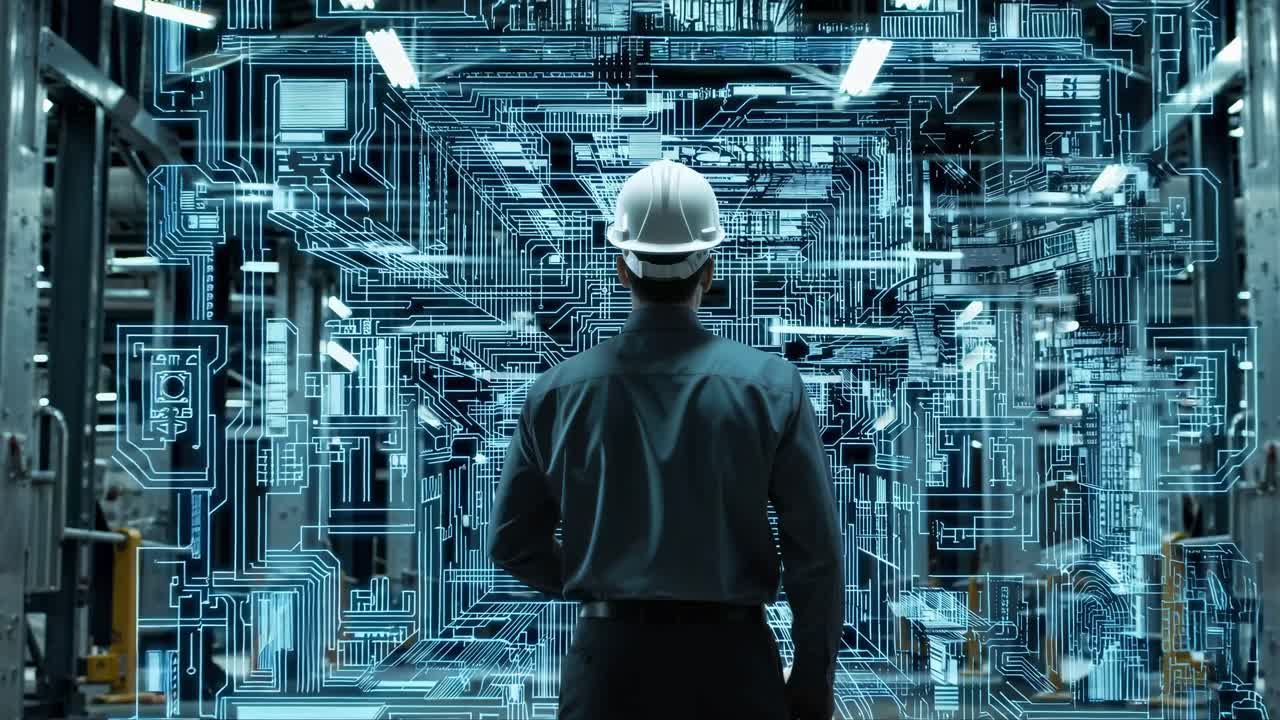 Futuristic video concept of an engineer in a hard hat, viewed from behind, looking at a holographic