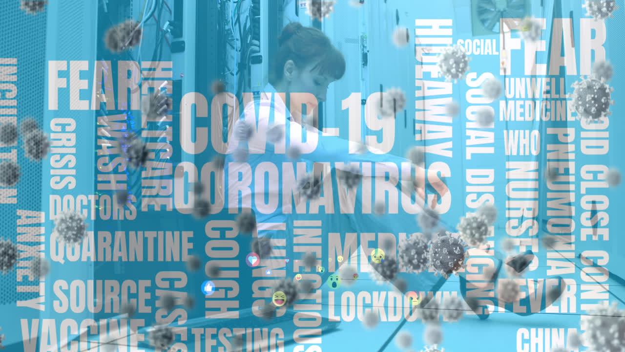 노트북을 사용하는 사람들 위에 코비드 텍스트의 애니메이션