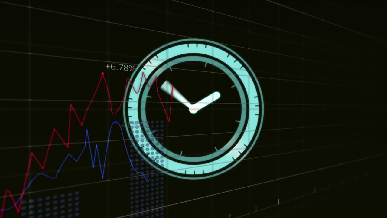 Animazione di un orologio digitale e di più grafici con numeri che cambiano su sfondo nero