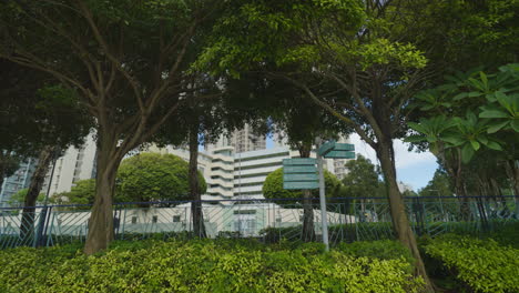 Pullback-away-from-street-signs-directing-people-in-Hong-Kong-park