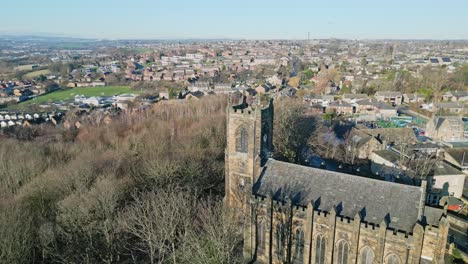 cinematic aerial drone footage of saint john the evangelist church dewsbury moor uk