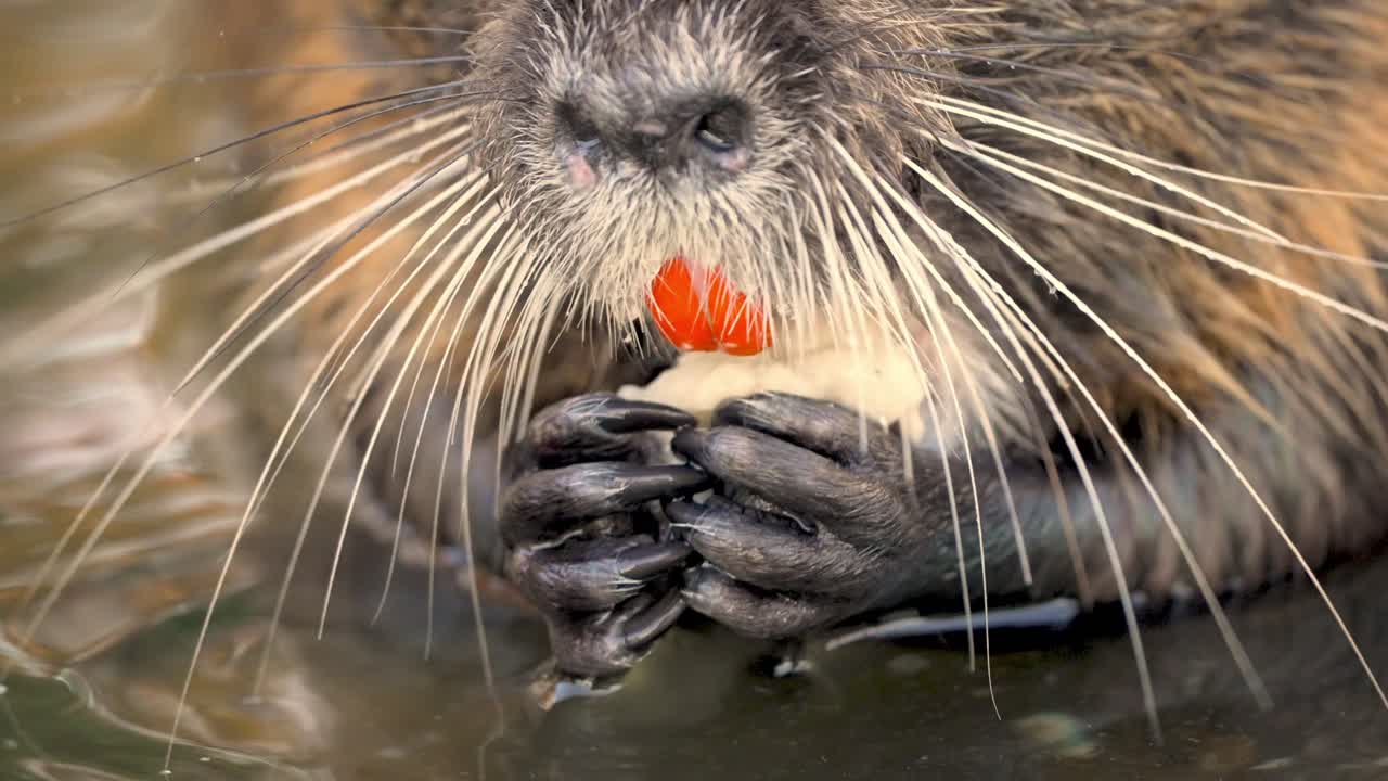 성인 달콤한 nutria myocastor coypus 호수 안에 손으로 먹는 매크로 닫습니다